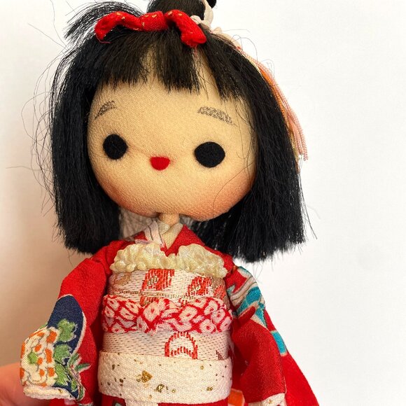 Vintage Japanese Doll Cloth Face - Fabric Kokeshi Kawaii Doll - Red Kimono - Picture 7 of 12